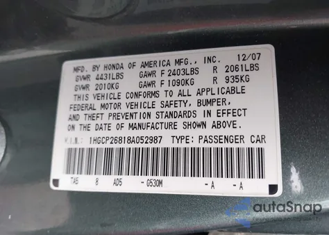 2008 Honda Accord 2.4 Ex-L z USA, uszkodzony, nr VIN 1HGCP26818A052987